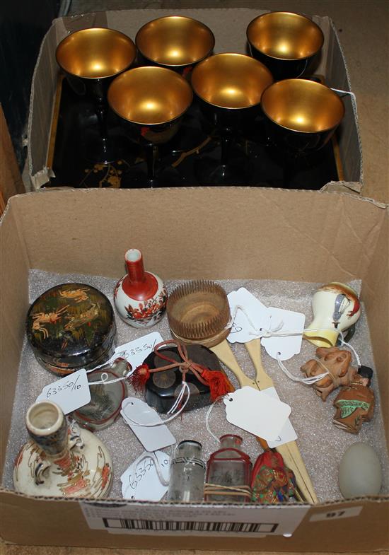 3 Chinese snuff bottles, an opaque glass perfume bottle, miniature Japanese vase, bamboo comb, box, Doulton jug & 3 other items